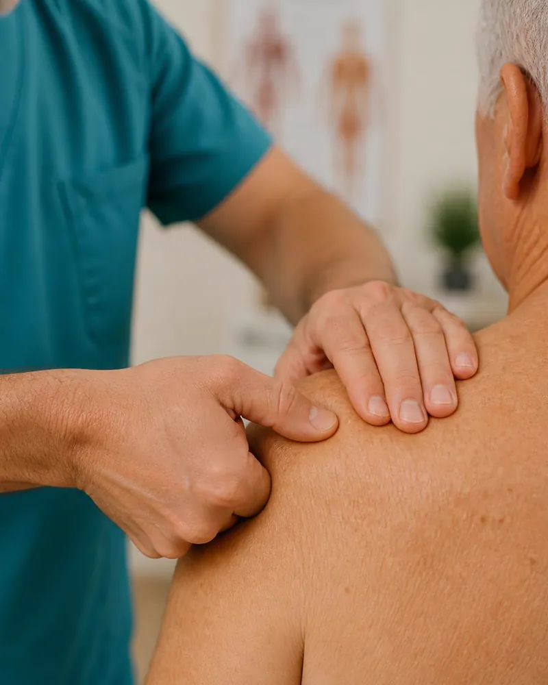 Fisioterapeuta pressionando ponto-gatilho no ombro de uma paciente