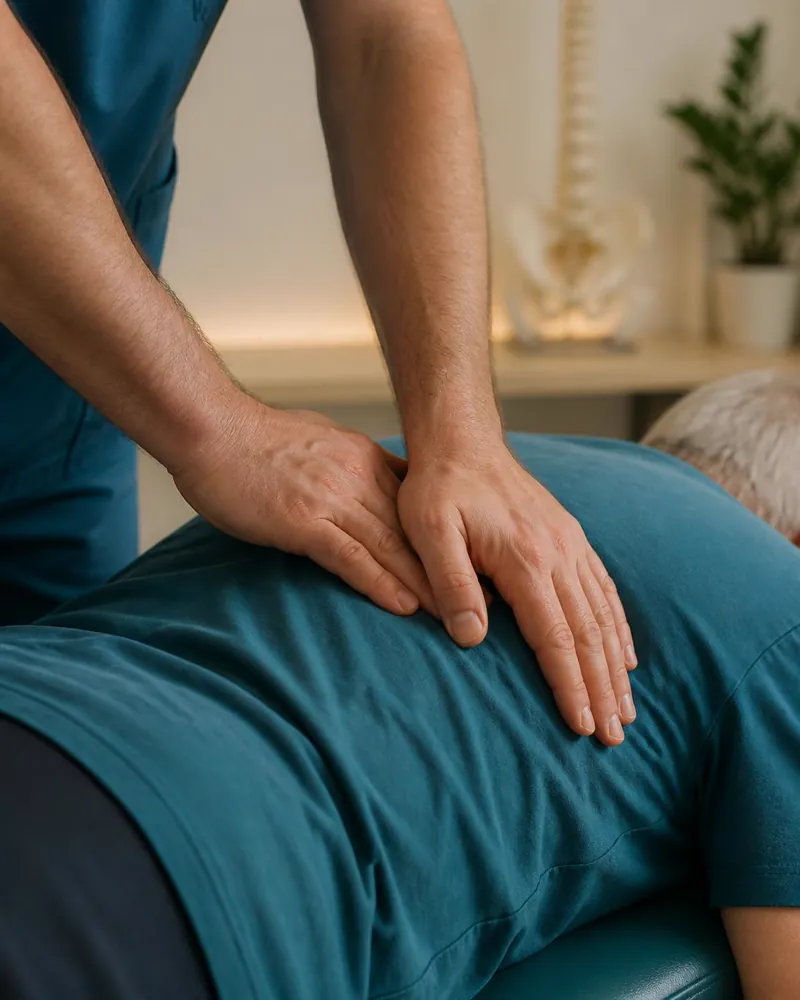 Mãos de fisioterapeuta ajustando a coluna de uma paciente idosa